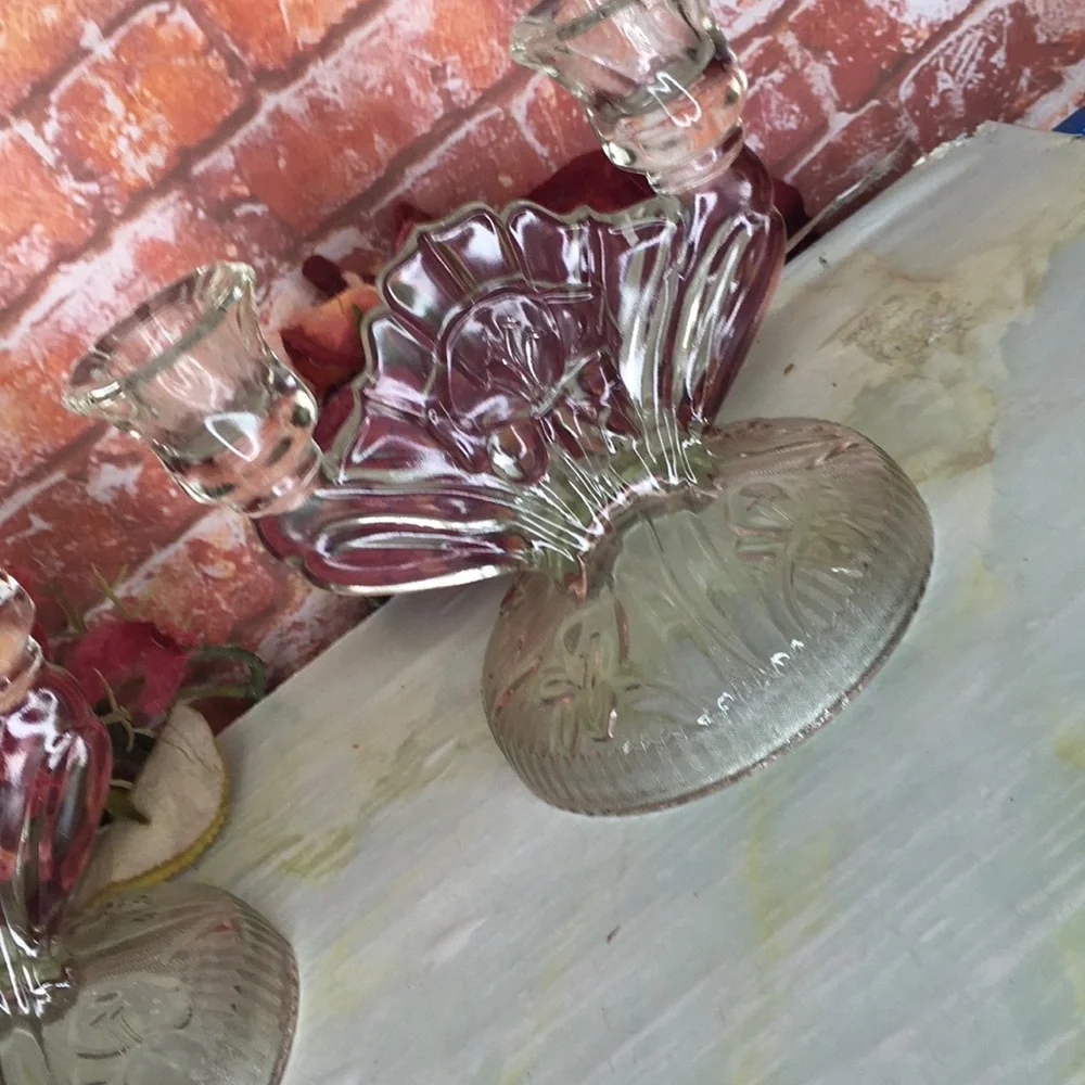 Antique Depression Glass Iris and Herringbone Pattern Double Candle Sticks